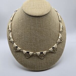 Vintage 1960s Fan Style Enamel & Gold Tone Necklace + Earrings Set